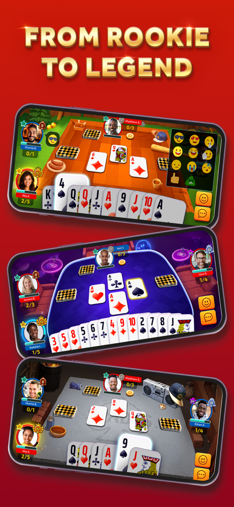 Three mobile screens showing Spades Online card game with different table themes and player avatars