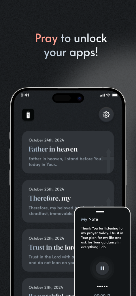 Smartphone interface of the Pray Screen Time app showing daily prayer entries and a prayer note overlay