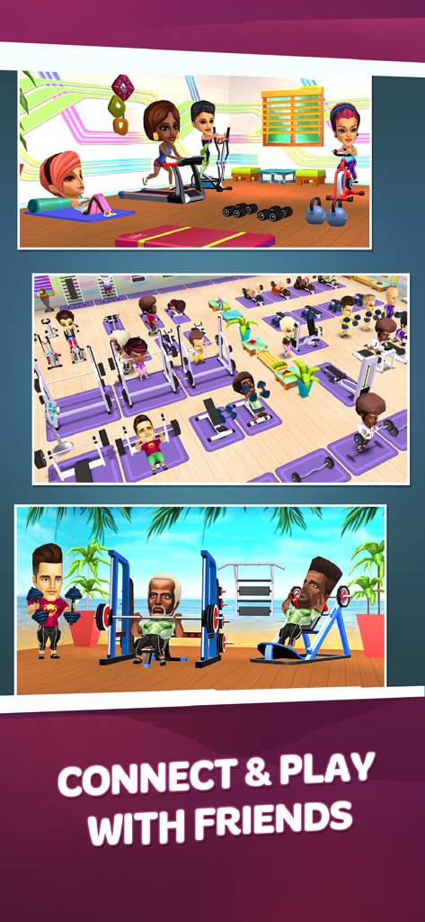 Escenas del juego Dream Gym que muestran personajes haciendo ejercicio en varios entornos de sala de fitness con texto de juego social