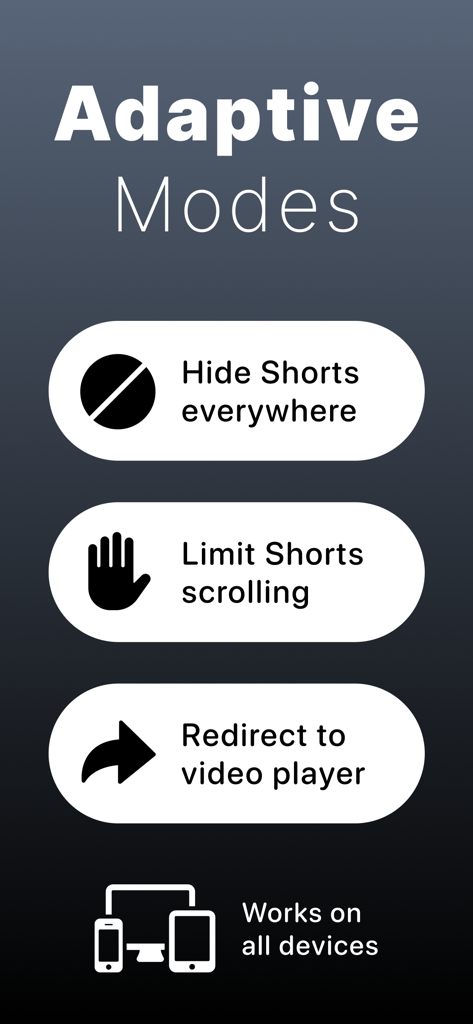 Interface showing adaptive modes for blocking YouTube Shorts including hiding content and limiting scrolling on all devices