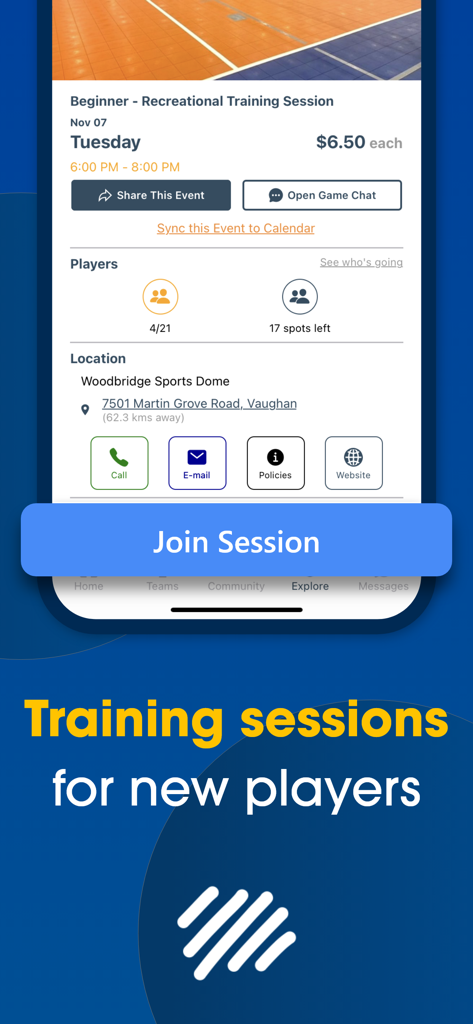 Mobile app screen showing a beginner volleyball training session with booking details and location