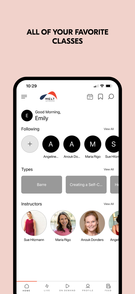MELT On Demand - MELT On Demand app home screen showing instructors and wellness class categories