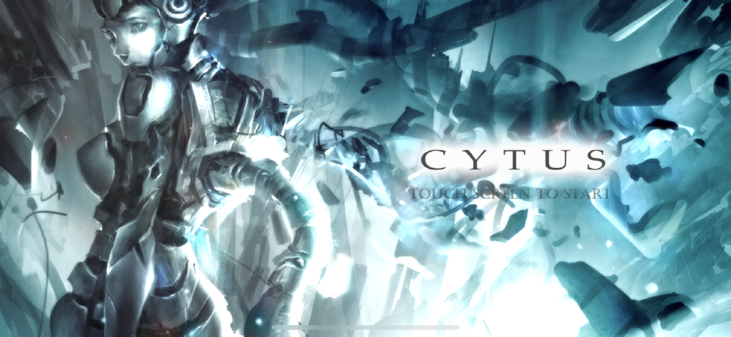 Cytus - Cytus mobile game start screen with blue sci-fi cyborg artwork and touch to start text