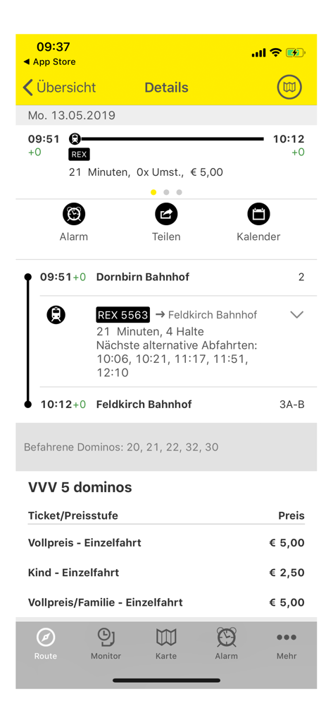 Vista detallada de una conexión de tren de Dornbirn a Feldkirch en la aplicación cleVVVer mobil que muestra los tiempos de ruta y los precios de los billetes