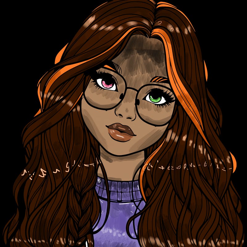 girl with long hair and freckles and glasses realistic