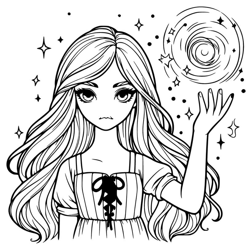 a realistic girl with long hair and magic powers