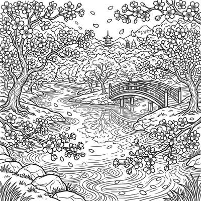 Capture the ephemeral beauty of spring with this stunning coloring page featuring cherry blossoms lining a tranquil river. Discover a serene Japanese landscape, complete with a traditional bridge, distant pagoda, and the iconic Mount Fuji, ready for your artistic touch.
