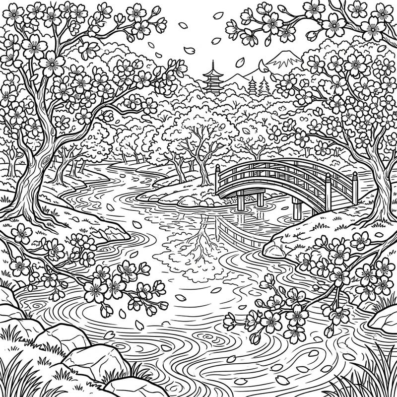 Capture the ephemeral beauty of spring with this stunning coloring page featuring cherry blossoms lining a tranquil river. Discover a serene Japanese landscape, complete with a traditional bridge, distant pagoda, and the iconic Mount Fuji, ready for your artistic touch.