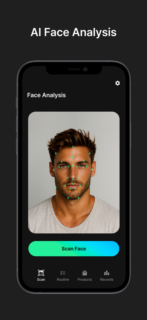 Face Card Looksmaxing - Interfaz de la aplicación Face Card Looksmaxing que muestra el análisis facial IA con puntos de seguimiento facial