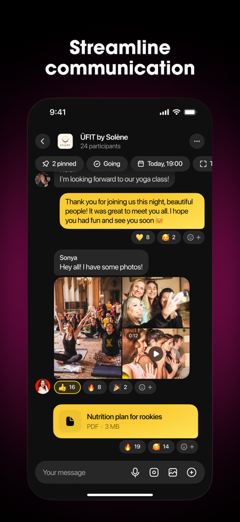 Locals app chat interface showing community interaction with shared photos and a downloadable nutrition plan PDF.