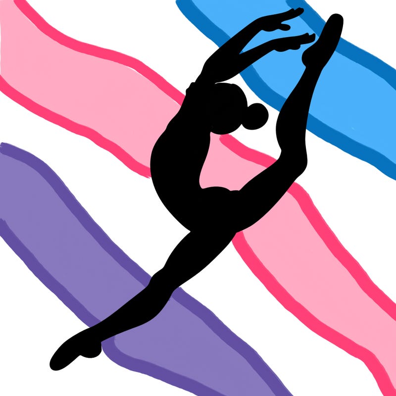 gymnast doing a leap in a leotard with a bent back leg