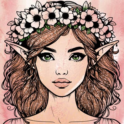 realistic female elf with flower crown