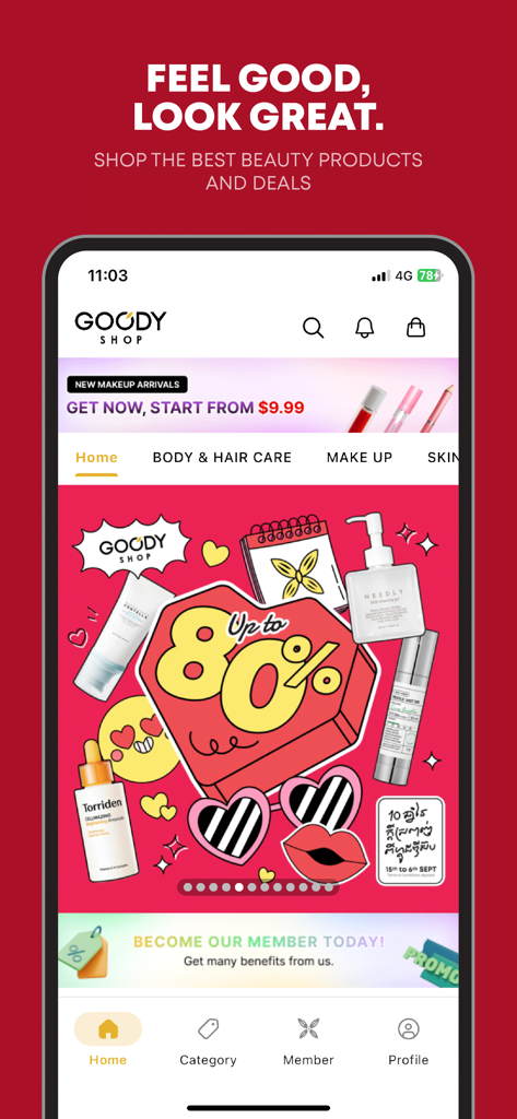 GOODY SHOPモバイルアプリのインターフェースに韓国の美容製品とショッピング割引が表示されています