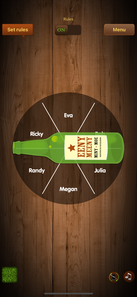 Digital spin the bottle game interface with names on a wood background