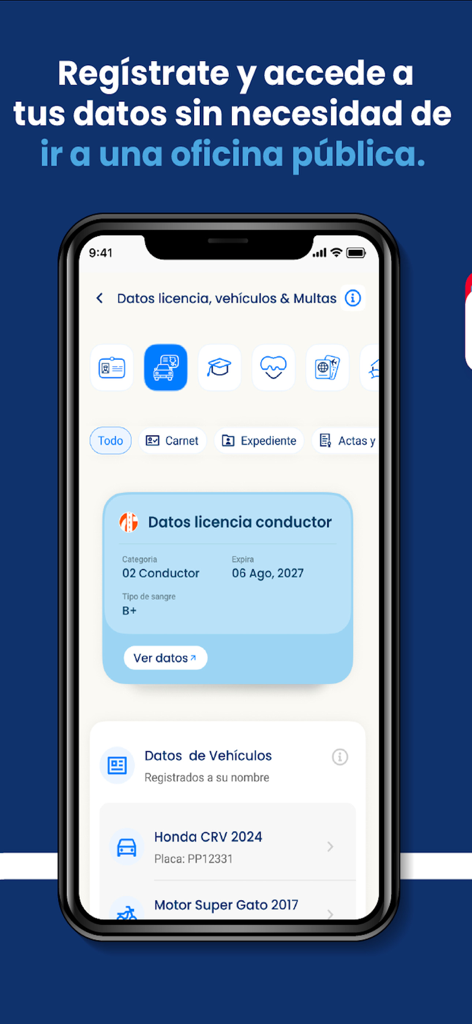 Soy Yo RD mobile app interface displaying digital drivers license and vehicle details for Dominican citizens