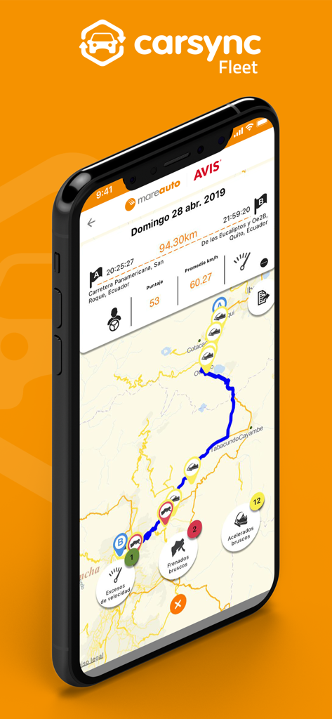 Carsync Fleet app on an iPhone showing a real-time GPS map with route history and driver behavior metrics like speeding and harsh braking.