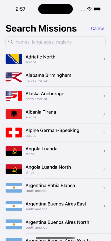 Mission Call - Guess & Explore - Schermata di ricerca dell'app Mission Call che mostra un elenco di missioni LDS globali con bandiere.