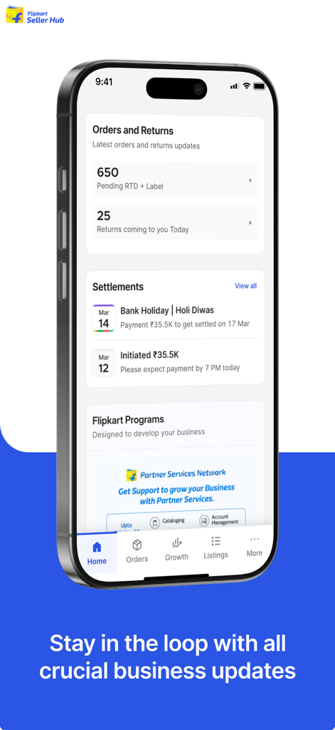 Flipkart Seller Hub - Flipkart Seller Hub mobile app interface showing business updates for orders returns and financial settlements