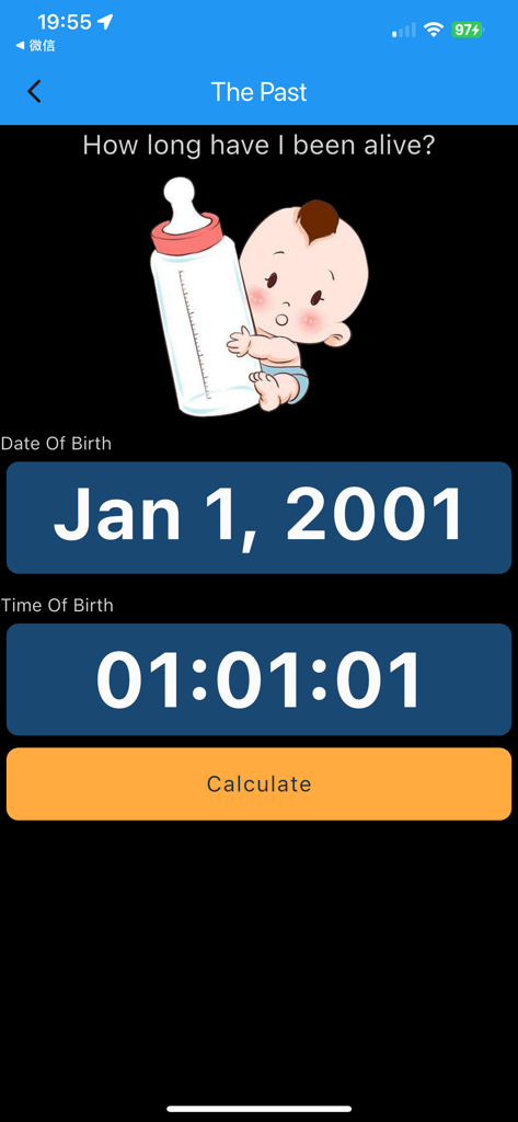 Countdown - When Will I Die? - Input screen for date and time of birth in the Countdown app