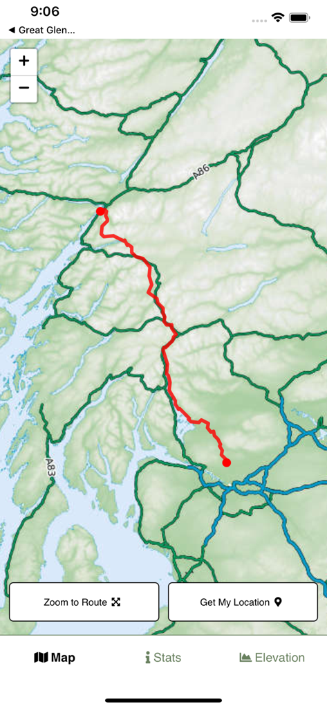 West Highland Way Map - Topographic map of the West Highland Way hiking trail with the route highlighted in red.