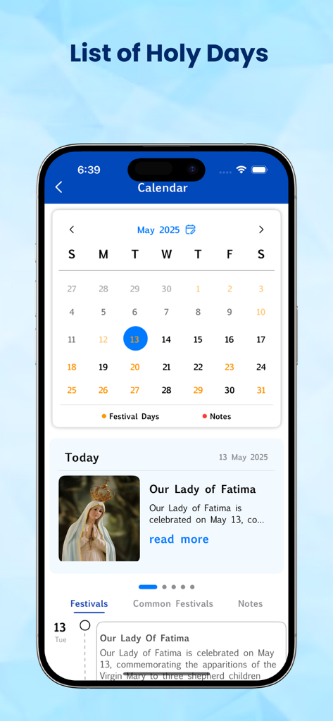Zulu Bible - The holy days calendar feature in the Zulu Bible app showing religious festivals