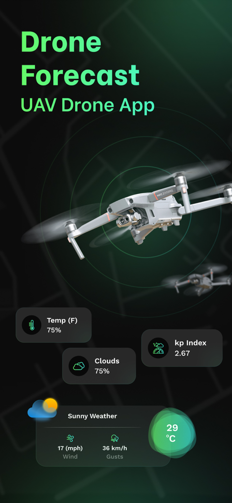 Drone Forecast app interface showing wind gusts kp index and weather conditions for drone pilots
