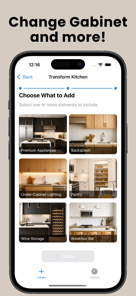 Interfaz para elegir elementos de renovación de cocina en la aplicación de IA
