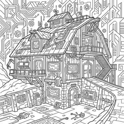 Step into a world where rustic charm meets futuristic tech with this incredible Cyberpunk Bank Barn coloring page. Explore the intricate details of a traditional barn re-imagined with glowing outlines, exposed wires, and advanced robotic elements, promising a truly unique coloring experience.
