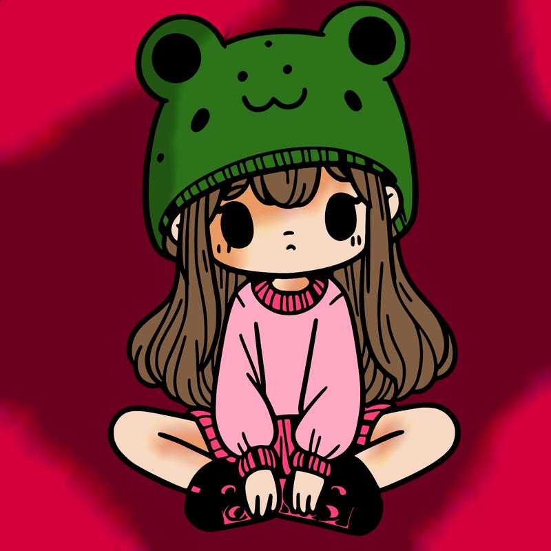 a girl wearing a frog hat and some frog socks