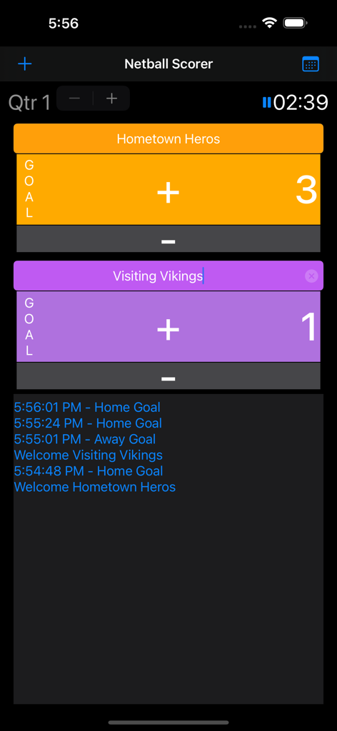 Netball Scorer app interface showing live game scores, timer, and event log