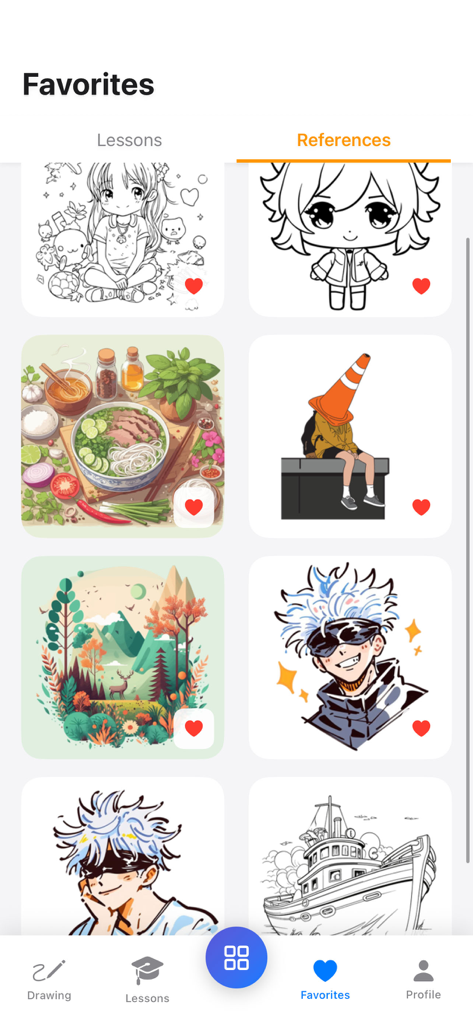 AR Drawing: Trace to Sketch - Una vista de galería de referencias de dibujo favoritas que incluyen personajes y ilustraciones de anime dentro de la aplicación AR Drawing.