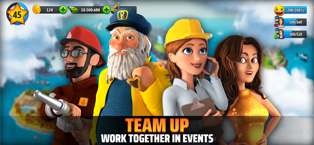 City Island 5: Building Sim - Four diverse characters from City Island 5 building sim highlighting the team up events feature