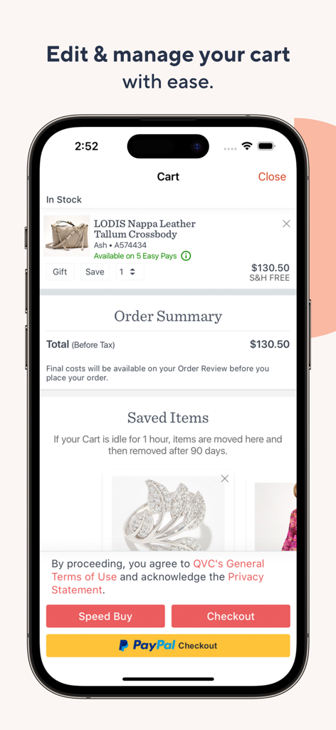 QVC Mobile Shopping (US) - QVCモバイルアプリのショッピングカート画面に、レザーハンドバッグ、注文概要、Speed BuyやPayPalなどのチェックアウトボタンが表示される