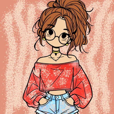 girl with a messy ponytail glasses a baggy crop top and jean shorts