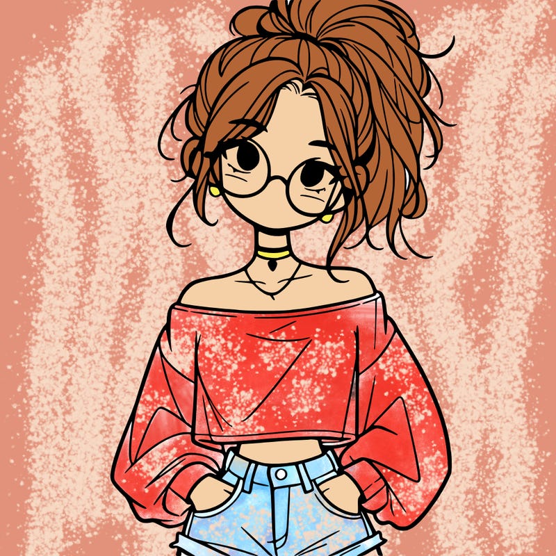 girl with a messy ponytail glasses a baggy crop top and jean shorts