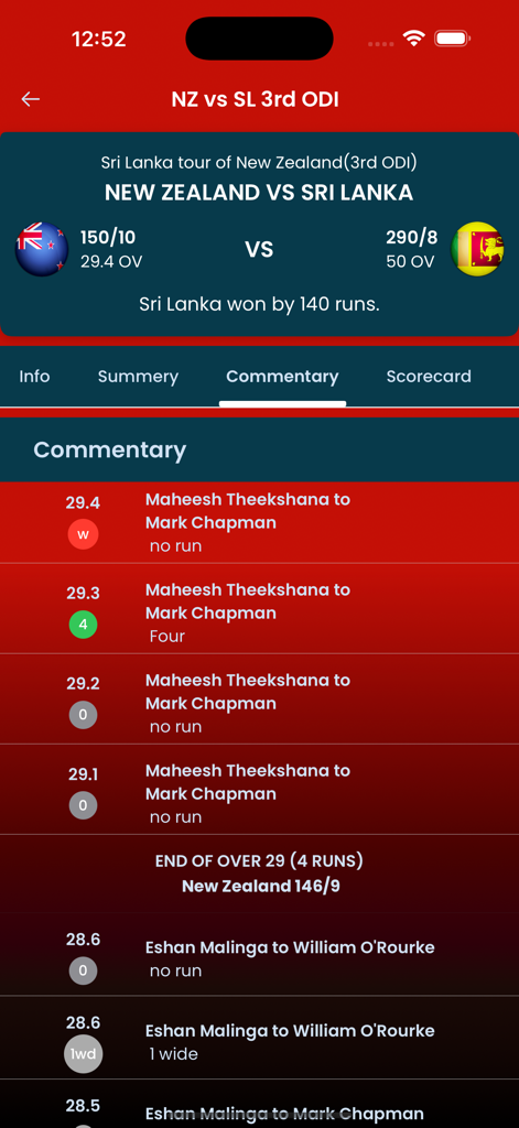 Pakistan Cricket Live - Écran d'application mobile affichant les commentaires de cricket en direct balle par balle et les scores de match pour Nouvelle-Zélande contre Sri Lanka