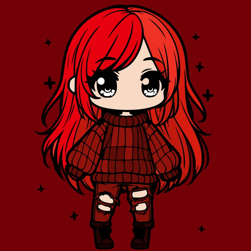 chibi girl with ripped jeans,long hair, and an oversized sweater