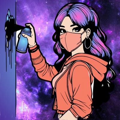 realistic girl with mask spray painting a wall