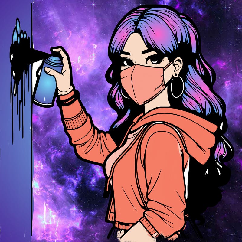 realistic girl with mask spray painting a wall