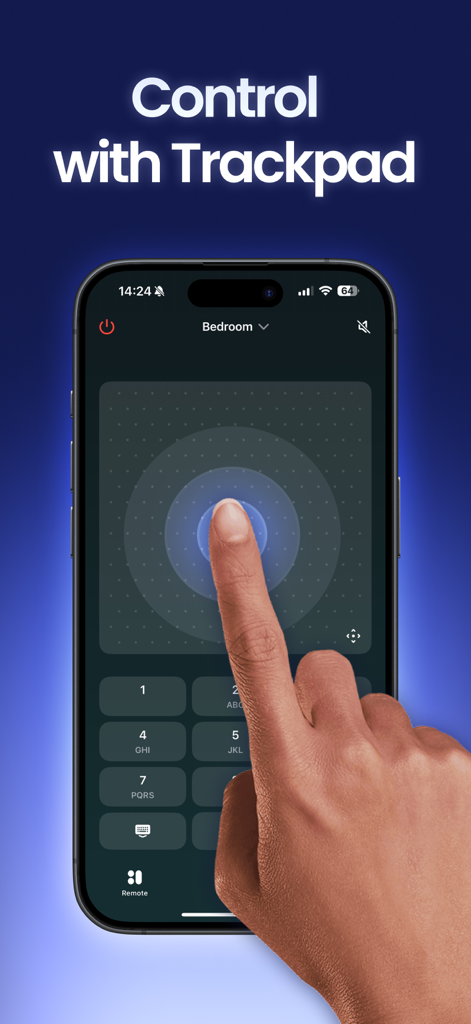Remote Control TV & Smart - Hand using a digital trackpad on an iPhone to control a smart TV remotely