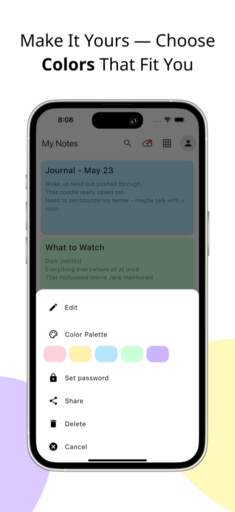 Shared Notes: Couples & AI - Interfaz de la aplicación móvil que muestra una paleta de colores para personalizar notas compartidas con opciones de protección con contraseña y uso compartido.