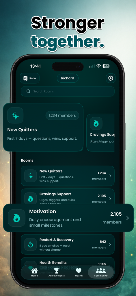 Écran des salles de soutien communautaire dans l'application Quit Nic montrant des catégories comme Motivation et Soutien aux envies