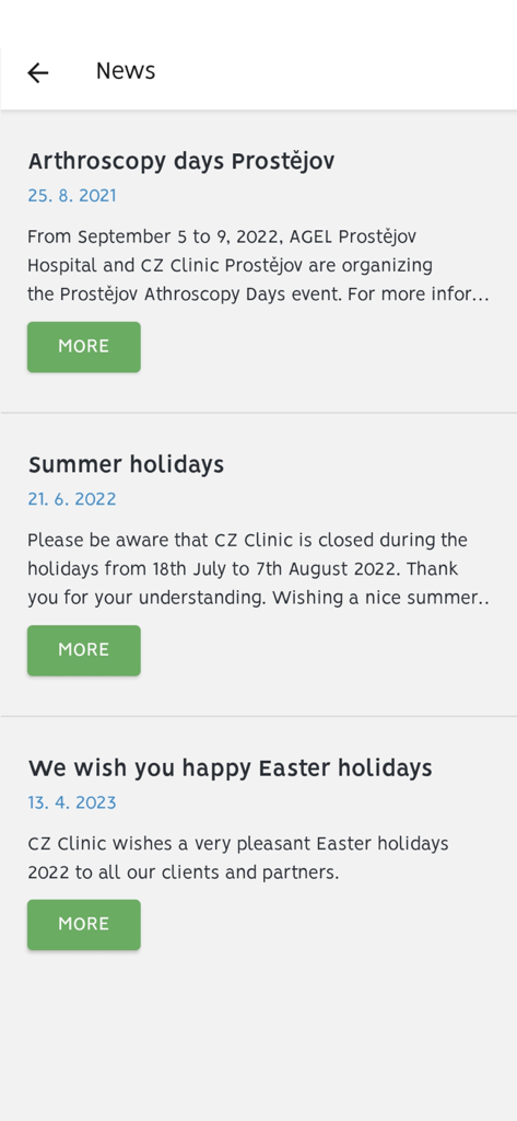 CZ Clinic Operace - News and updates screen for patients in the CZ Clinic Operace mobile application