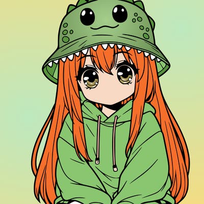 girl with anime shaped eyes with a dinosaur bucket hat oversized sweatshirt long straight hair