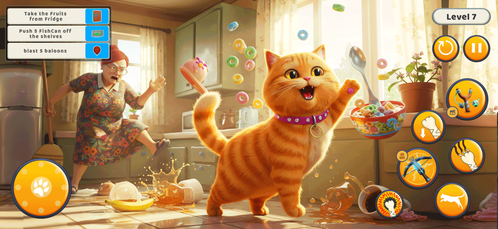 Kitty Punch : Cat Simulator - An orange cat creating mess and chaos in a kitchen in the game Kitty Punch Cat Simulator