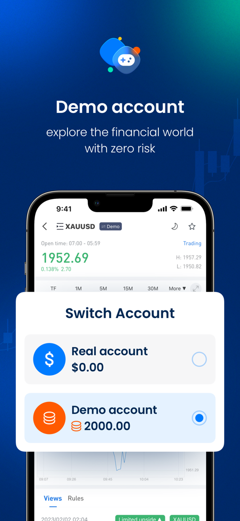 BtcDana app screenshot showing the option to switch between a real account and a risk-free demo account for online trading.