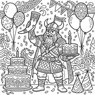 Join a mighty Viking Explorer as he celebrates his special day amidst a joyous birthday party! This unique coloring page combines Norse lore with festive cheer, perfect for adventurers of all ages.