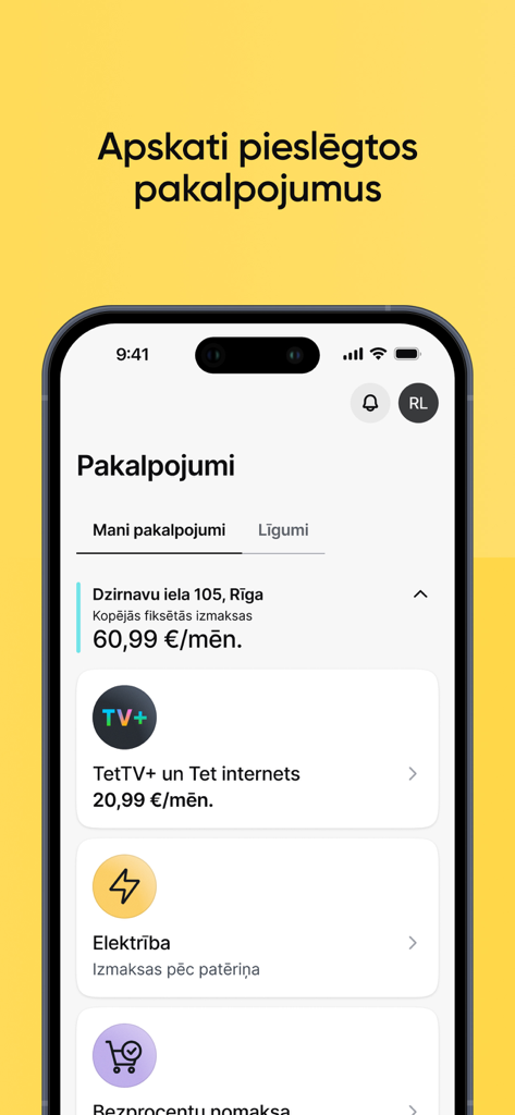 Mans Tet mobile app screen showing connected services including internet and electricity management