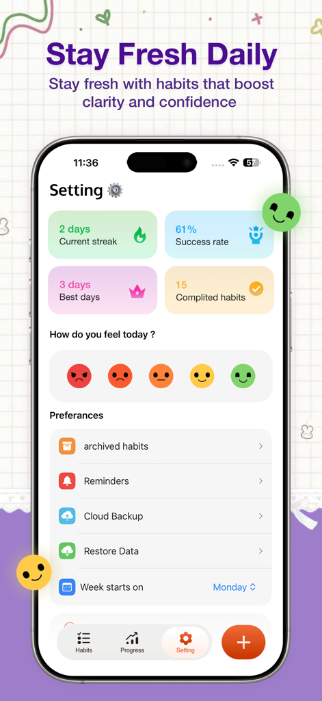 Pure Habit & Goal Tracker - Pantalla de configuración de Pure Habit que muestra rachas de hábitos, tasa de éxito y un rastreador de estado de ánimo diario con emojis.