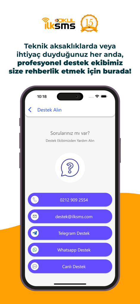 ilkSMS mobile app support page showing contact options for phone, email, WhatsApp, and Telegram.